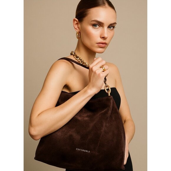 COCCINELLE Brown Suede Shoulder Bag Gold Hardware Slouchy Hobo Purse Italy - Picture 1 of 14
